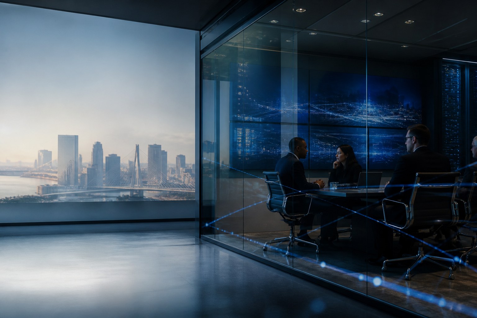 Modern business workspace connected to secure cloud infrastructure.
