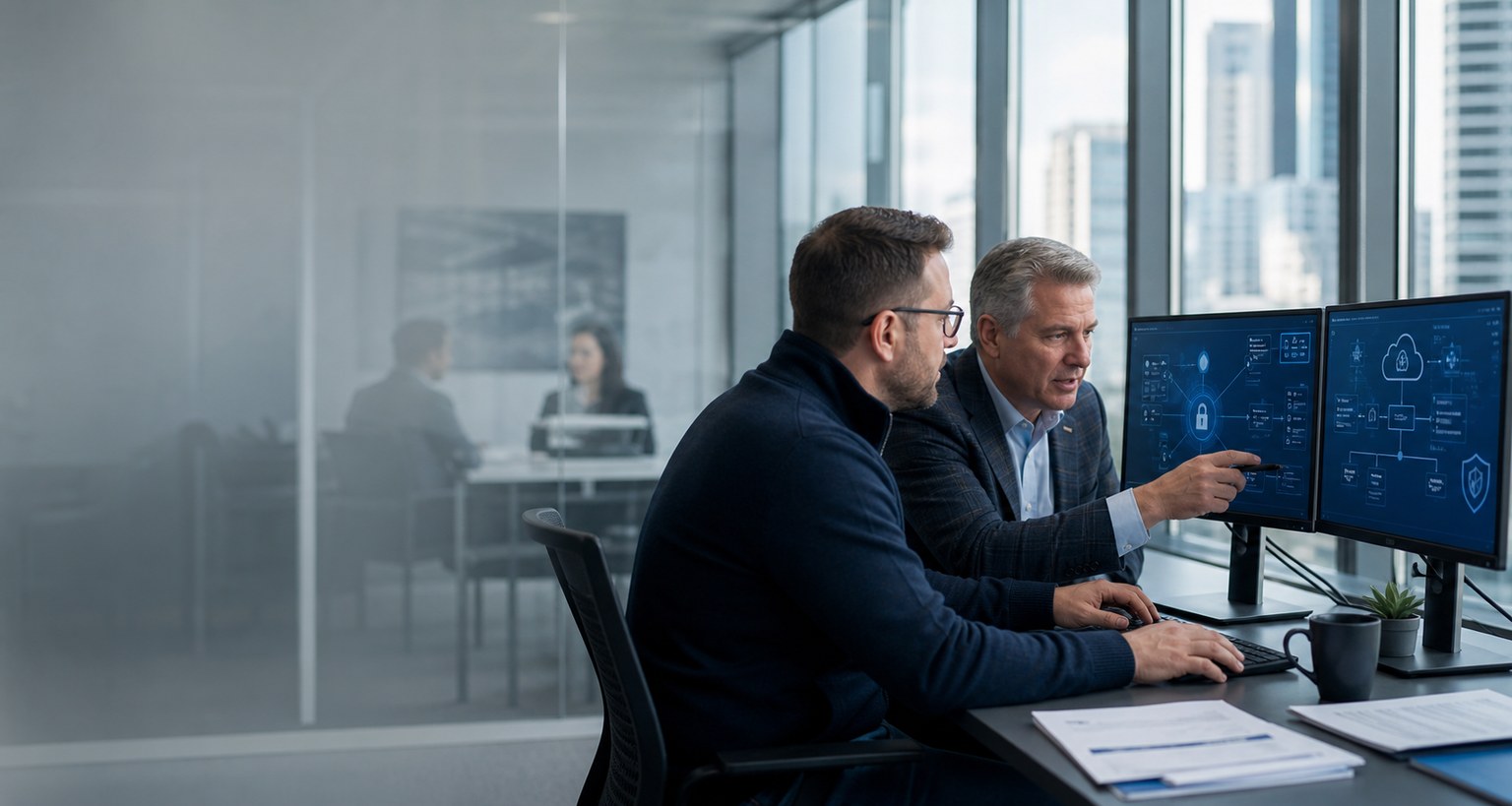 CPA firm and technology adviser reviewing a secure information system in a Boston office.