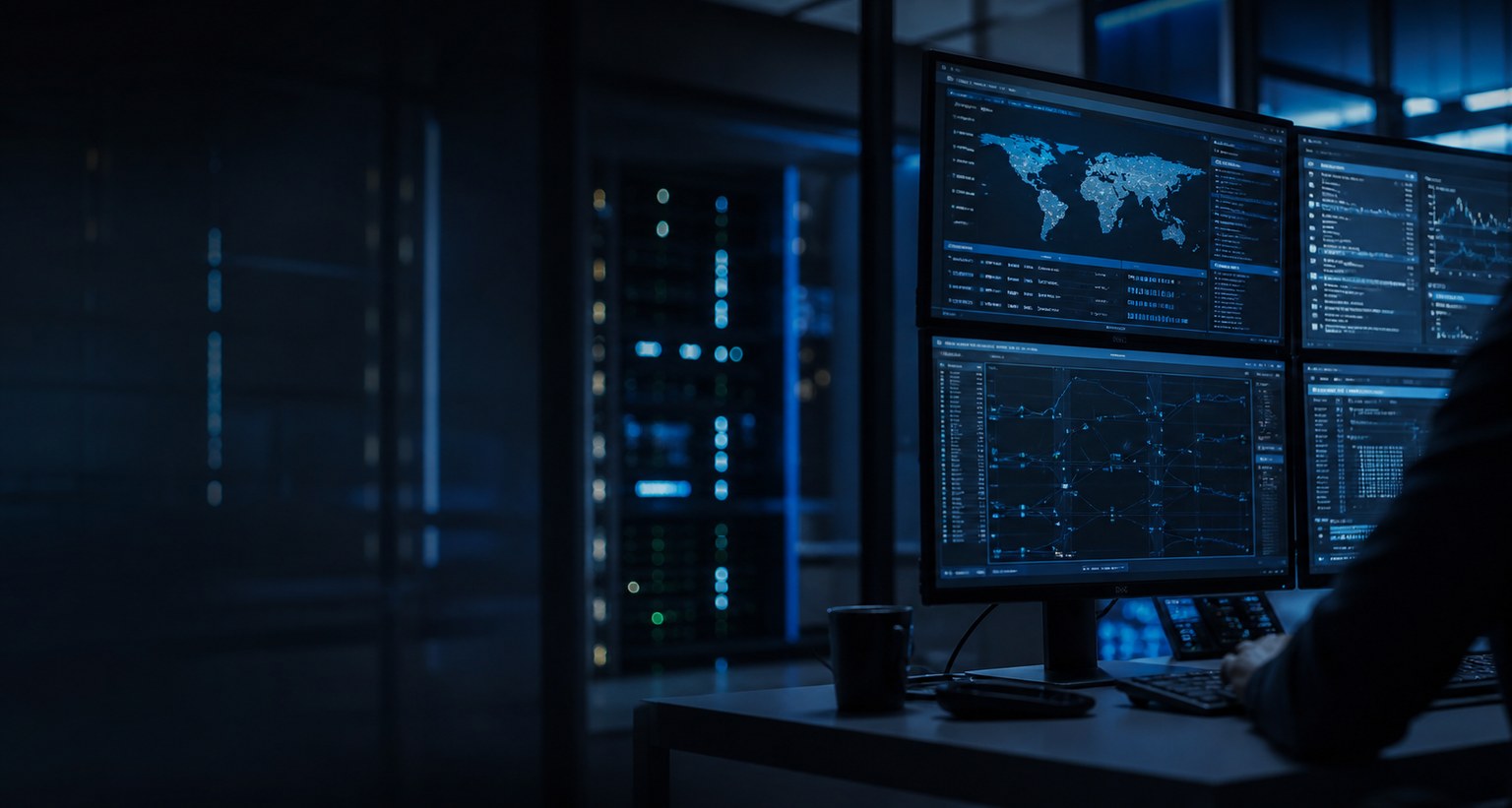 Cybersecurity operations workspace with network monitoring displays.