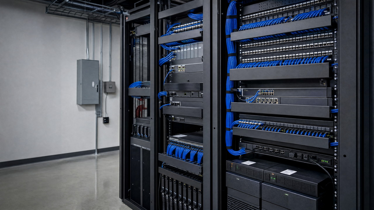 Organized network rack with switches, firewall, backup power, and structured cabling.